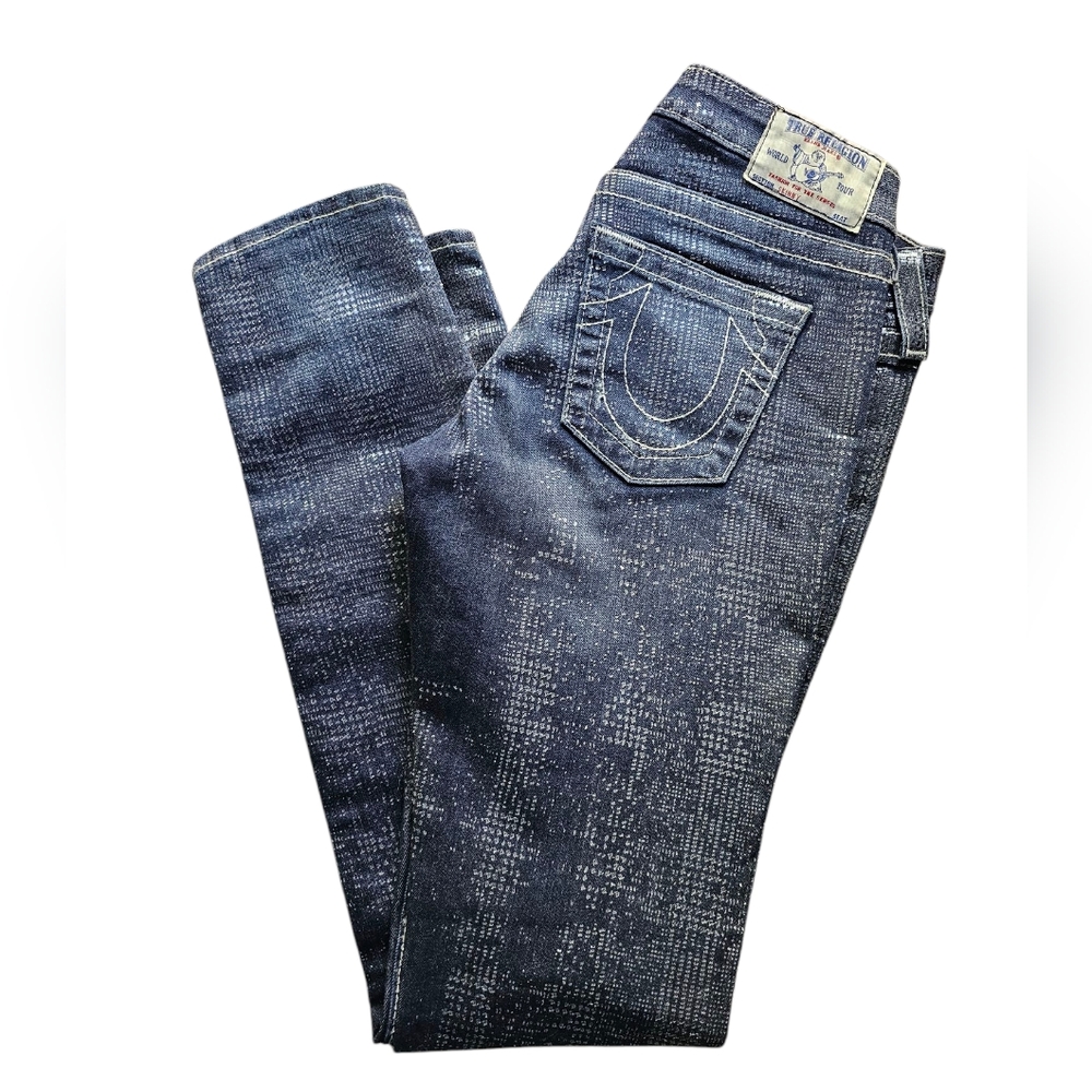 True Religion Y2K It Girl Dark Blue Shiny‎ Skinny Low Rise Jeans Size 27